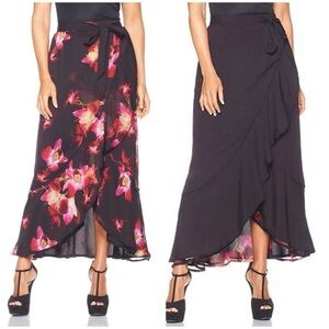 American Glamour Badgley Mischka Reversible Wrap Maxi Skirt Black Floral Small